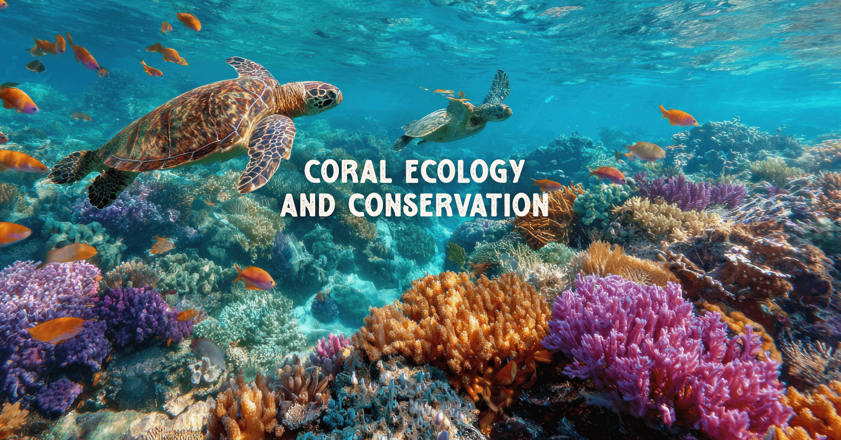 Turtles swimming among colorful coral reefs with text 'Coral Ecology and Conservation'.