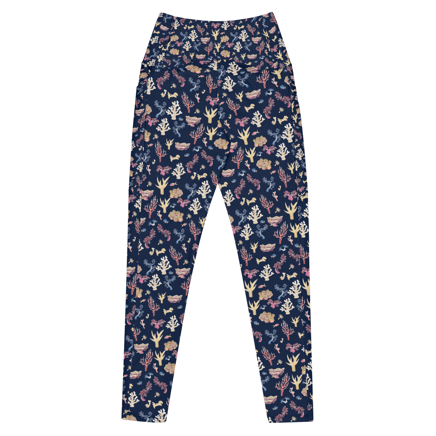 Navy blue leggings with a colorful coral and sea life pattern