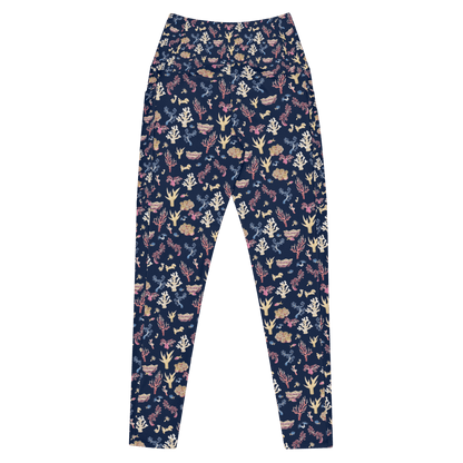 Navy blue leggings with a colorful coral and sea life pattern