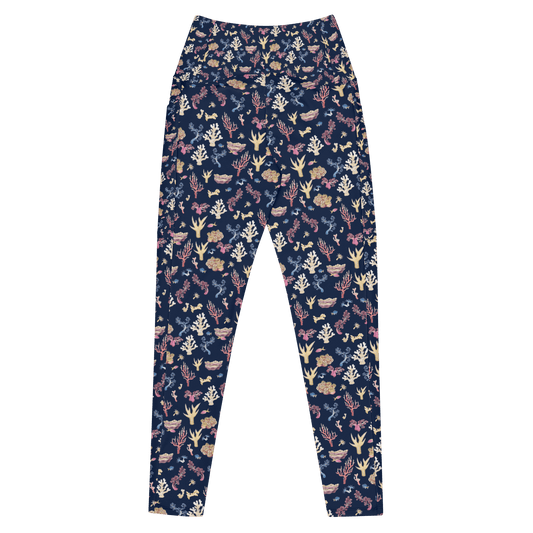 Navy blue leggings with a colorful coral and sea life pattern