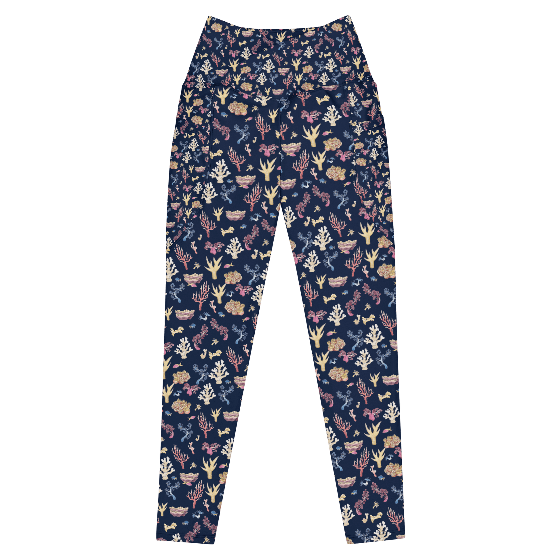 Navy blue leggings with a colorful coral and sea life pattern