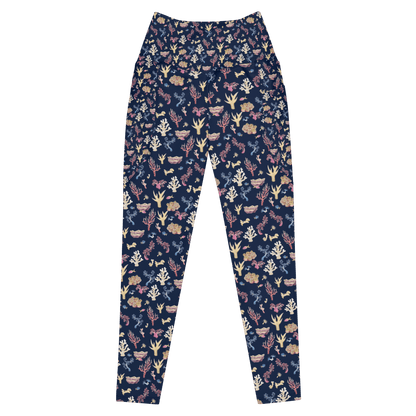 Navy blue leggings with a colorful coral and sea life pattern