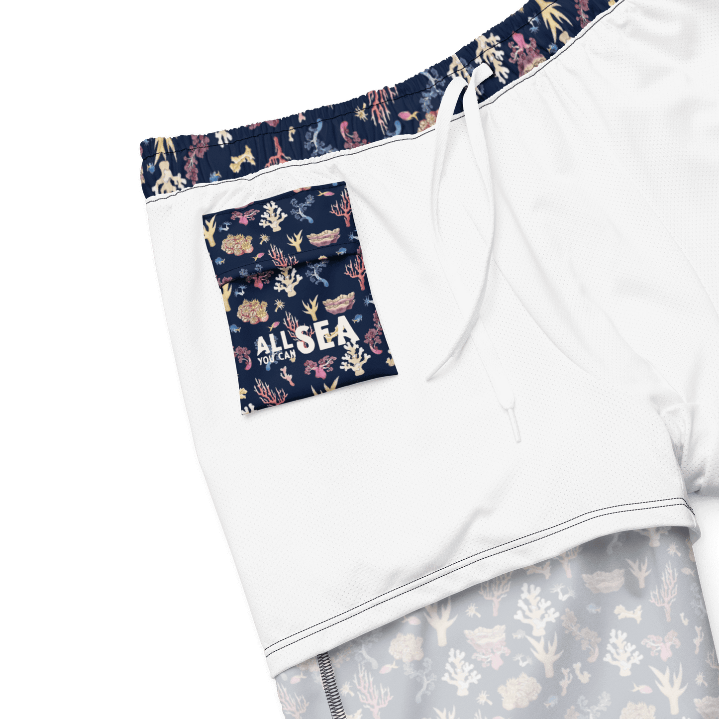 Details of navy blue board shorts with a colourful coral and sea life pattern with inside pocket.