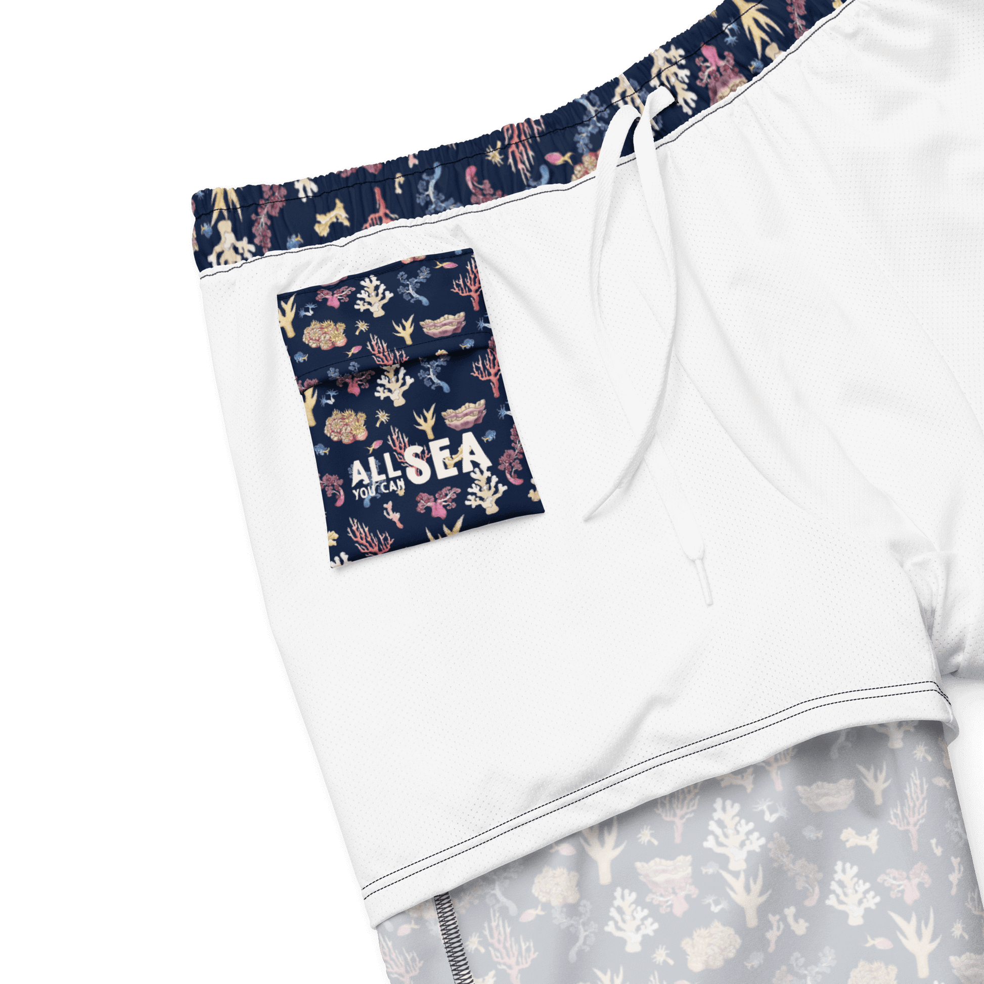 Details of navy blue board shorts with a colourful coral and sea life pattern with inside pocket.