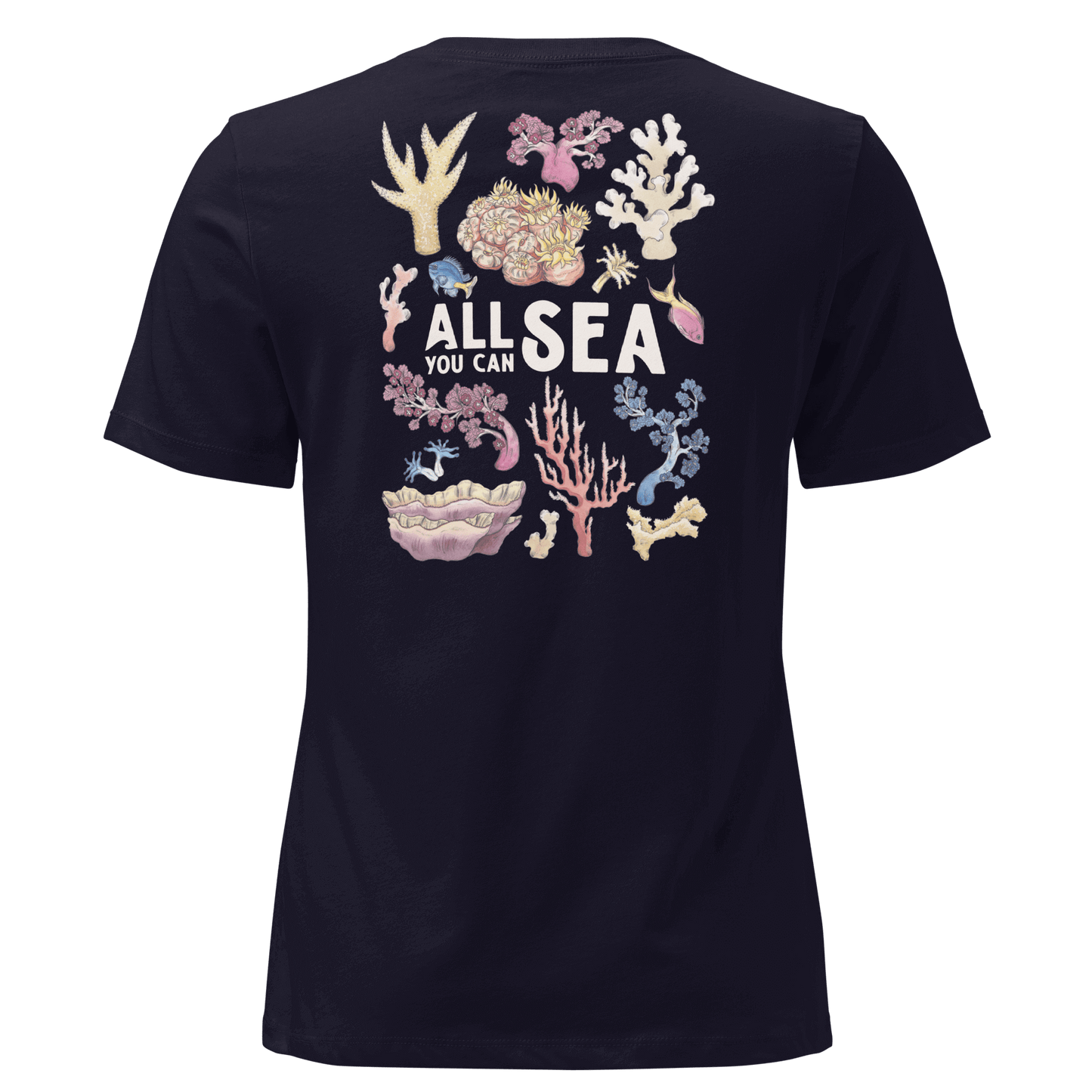 Navy Blue t-shirt with colourful coral designs and 'All Sea You Can' text on a black background