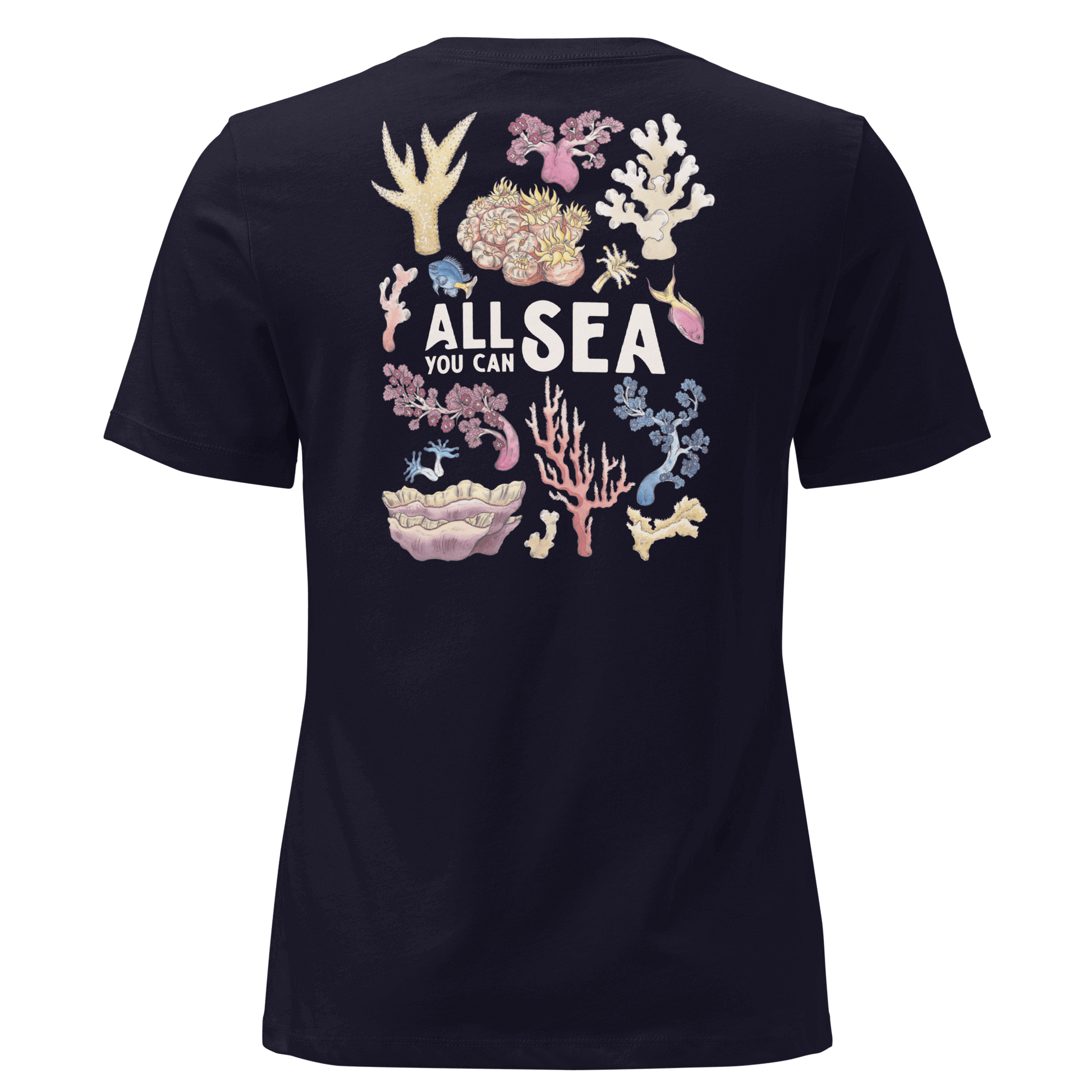 Navy Blue t-shirt with colourful coral designs and 'All Sea You Can' text on a black background