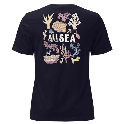 Navy Blue t-shirt with colourful coral designs and 'All Sea You Can' text on a black background