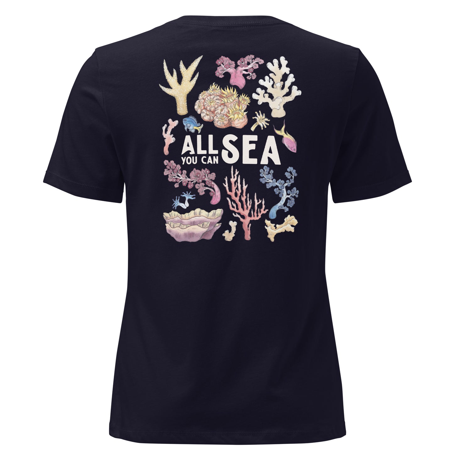 Navy t-shirt with a colourful coral reef design and 'All You Can Sea' text