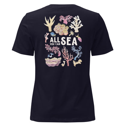Navy t-shirt with a colourful coral reef design and 'All You Can Sea' text