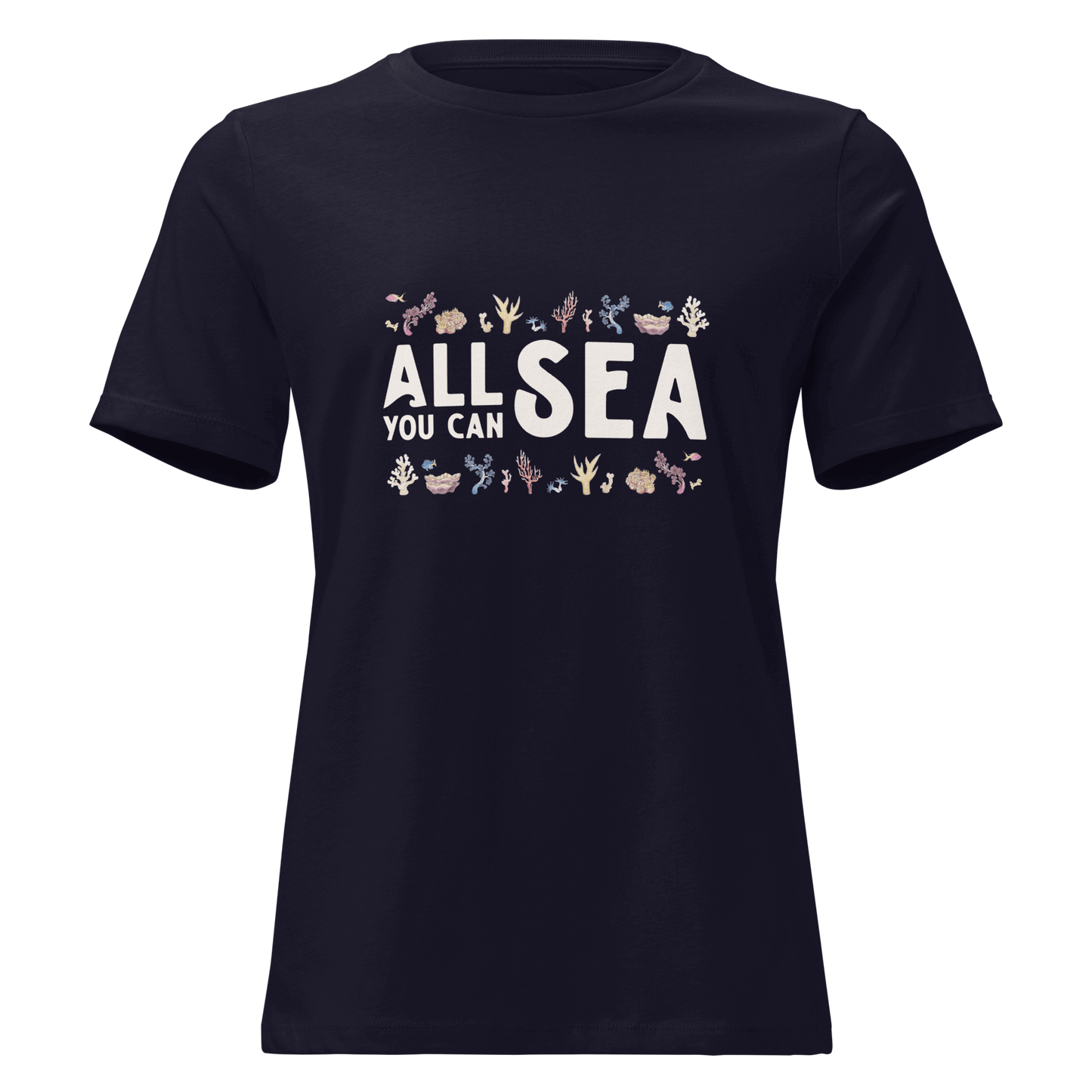 Navy blue t-shirt with 'All Sea You Can' text and corals graphics