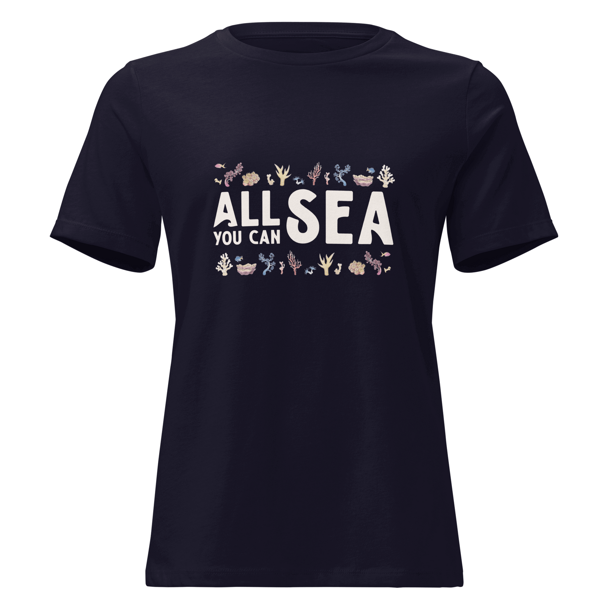 Navy blue t-shirt with 'All Sea You Can' text and corals graphics