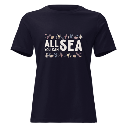 Navy blue t-shirt with 'All Sea You Can' text and corals graphics