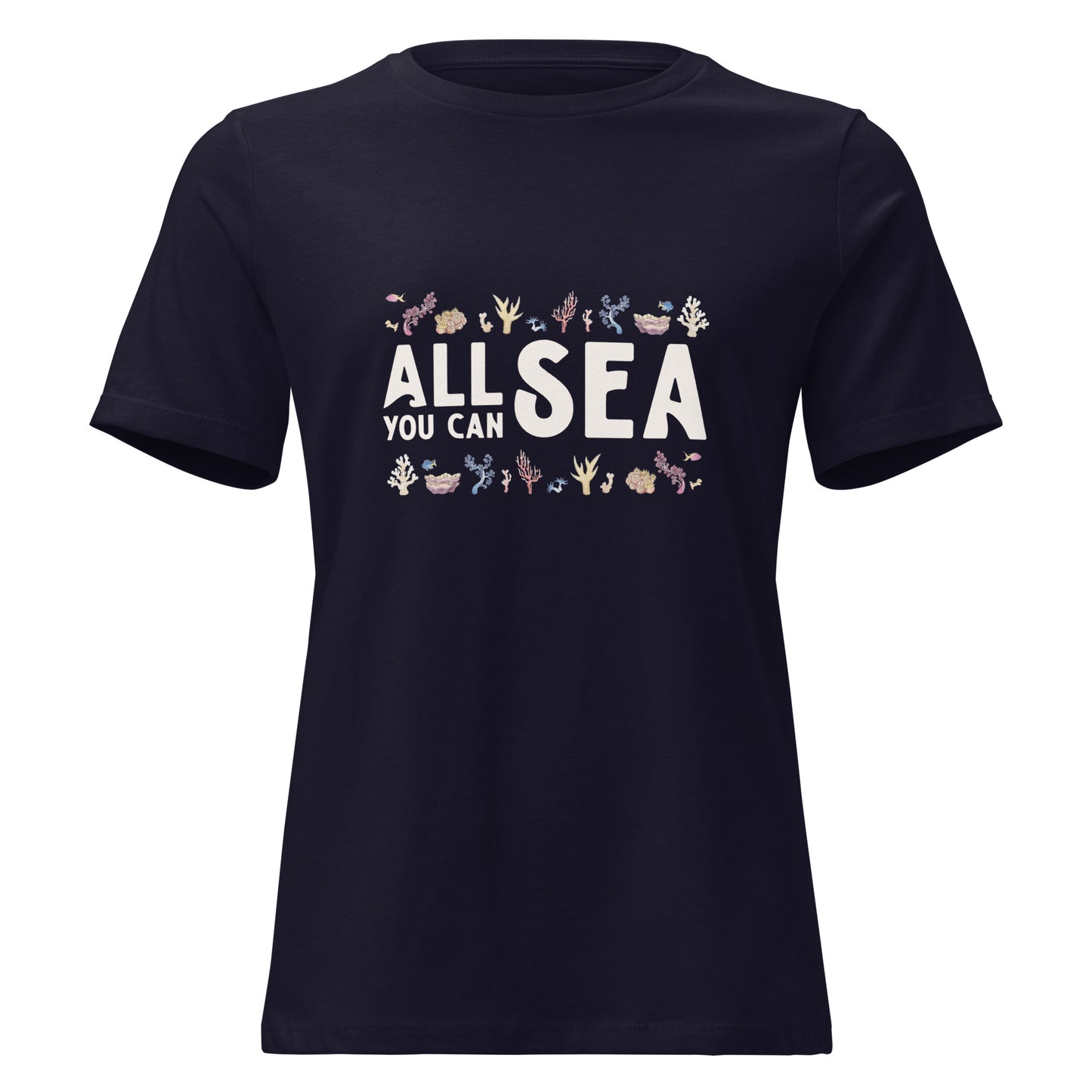 Navy t-shirt with 'ALL SEA YOU CAN' text and coral graphics