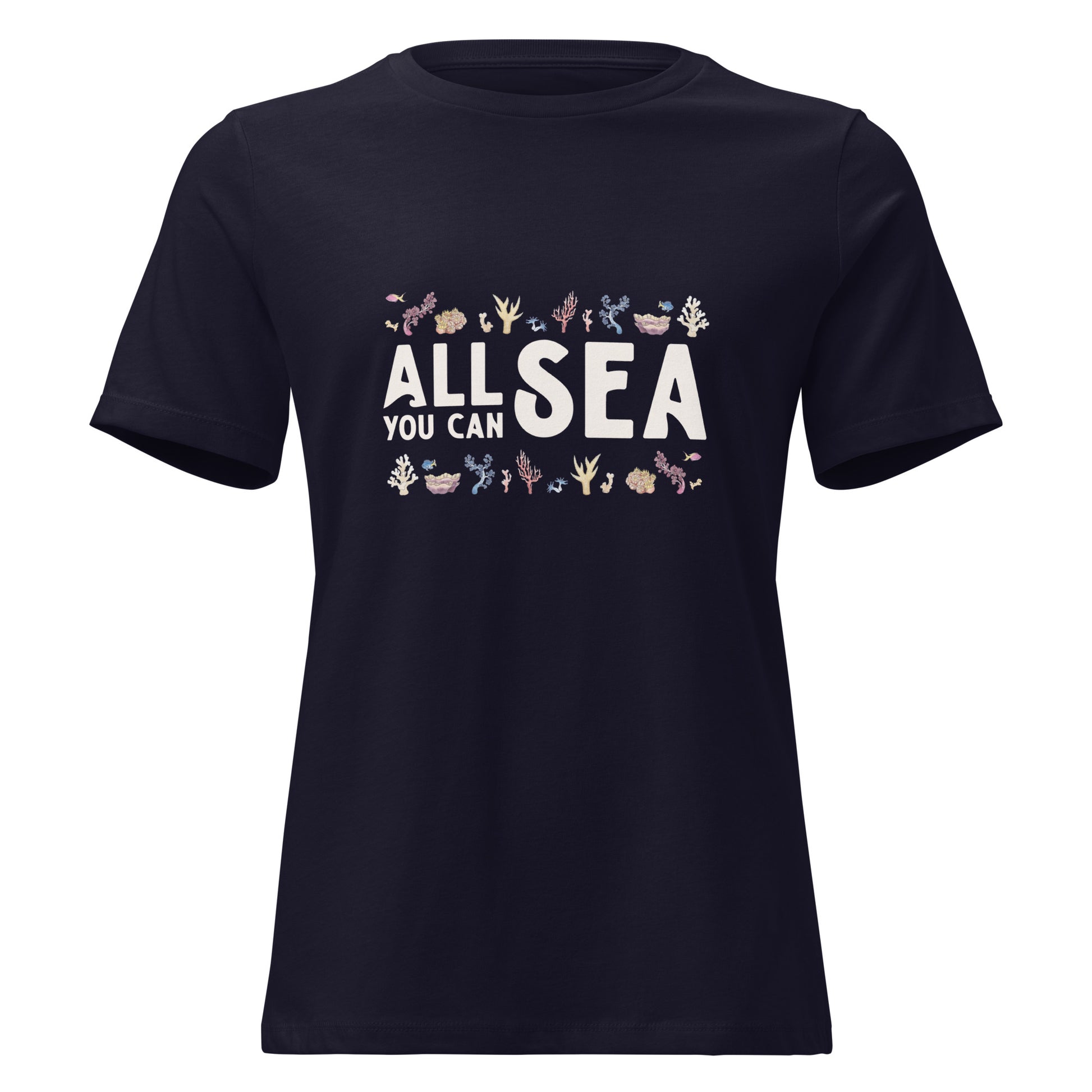 Navy t-shirt with 'ALL SEA YOU CAN' text and coral graphics