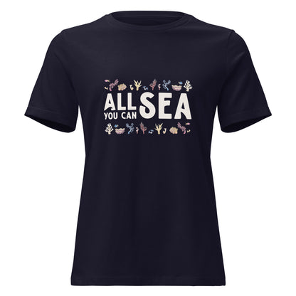 Navy t-shirt with 'ALL SEA YOU CAN' text and coral graphics
