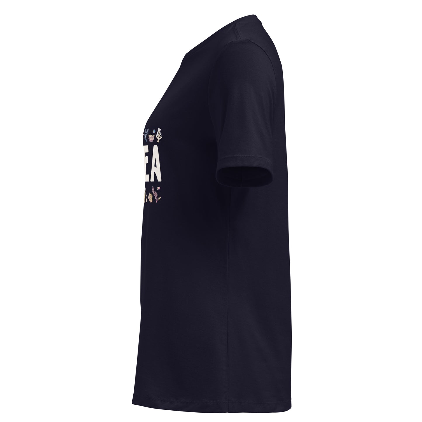Navy t-shirt with All You Can Sea text and coral graphics